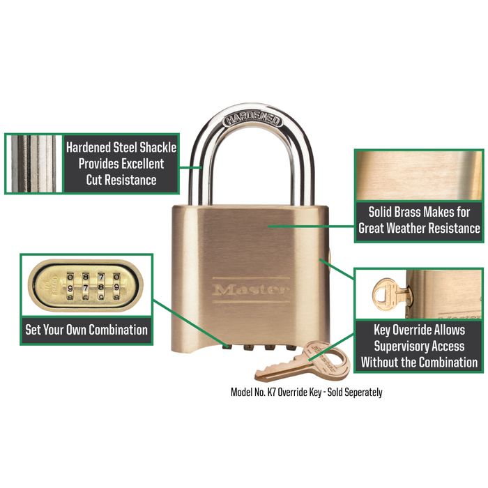 Master Lock 176 Resettable Combination Brass Padlock, Supervisory Key Override 2in (51mm) Wide