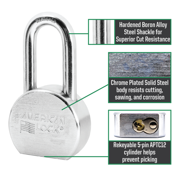 American Lock A701 Solid Steel (Chrome Plated) Padlock 2-1/2in (64mm) wide 2in tall shackle