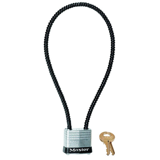 Master Lock 107DSPT 14in (35cm) Long x .22in Diameter (5.6mm) Braided Steel Cable Gun Lock with 1-1/8in (29 mm) Wide Laminated Steel Padlock; Keyed Different-Keyed-Master Lock-107DSPT-AmericanLocks.com