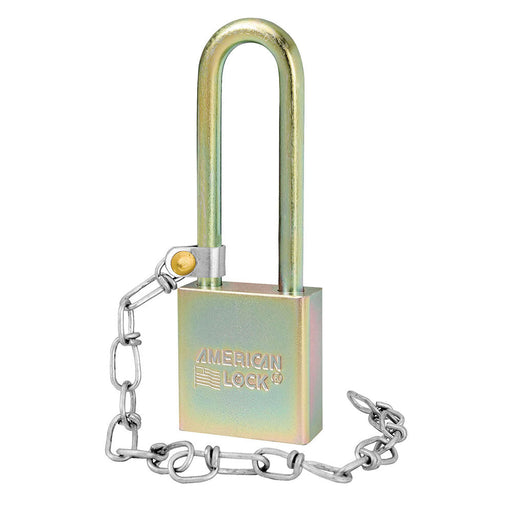 1-3/4in (44mm) Solid Steel BumpStop® Rekeyable Pin Tumbler Government Padlock with 3in (76mm) Shackle with Attached Chain-Master Lock-A5202GLWNKA-Keyed Alike-AmericanLocks.com