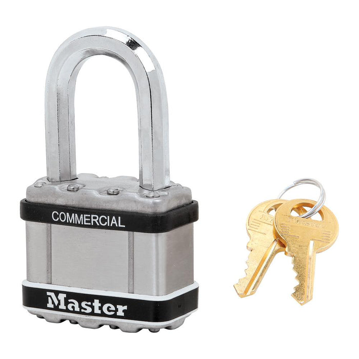 Master Lock M5 Commercial Magnum Laminated Steel Padlock with Stainless Steel Body Cover 2in (51mm) Wide-Keyed-Master Lock-M5KALFSTS-Keyed Alike-1-1/2in (38mm)-AmericanLocks.com