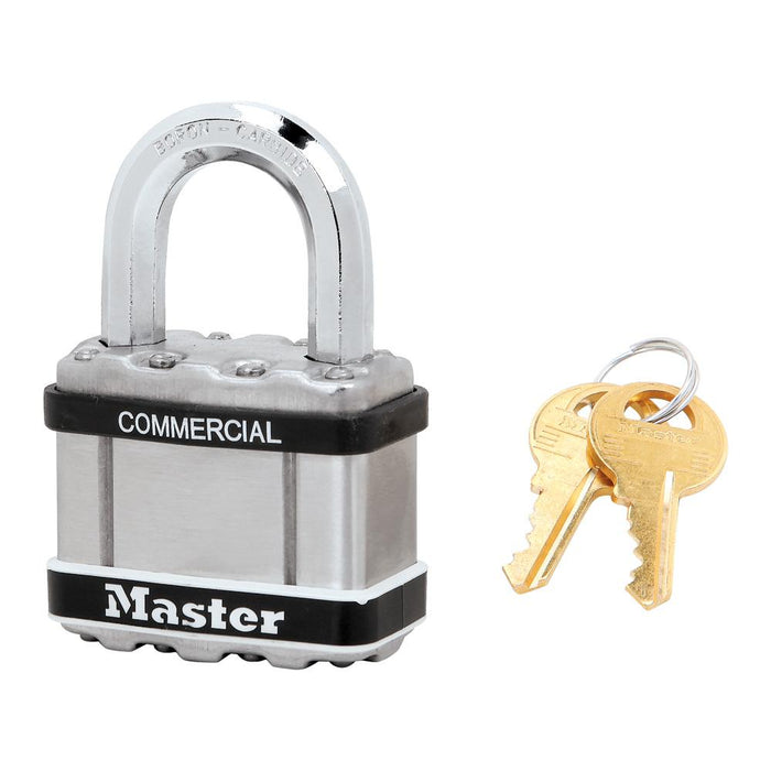 Master Lock M5 Commercial Magnum Laminated Steel Padlock with Stainless Steel Body Cover 2in (51mm) Wide-Keyed-Master Lock-M5KASTS-Keyed Alike-1in (25mm)-AmericanLocks.com